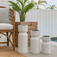 Solano Tall Candleholder Set of 3, Ribbed Texture, White Carved Wood  - BM335068