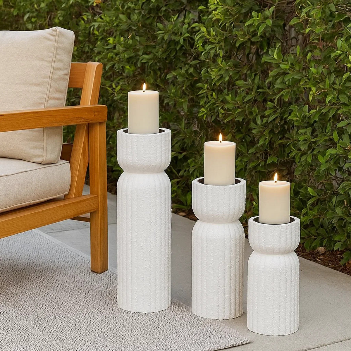 Solano Tall Candleholder Set of 3, Ribbed Texture, White Carved Wood  - BM335068