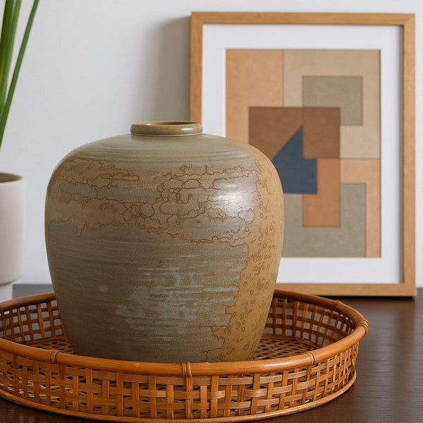 Simie Decorative Round Vase, Subtle Texture Brown Gray Ceramic 11 Inch -BM335071