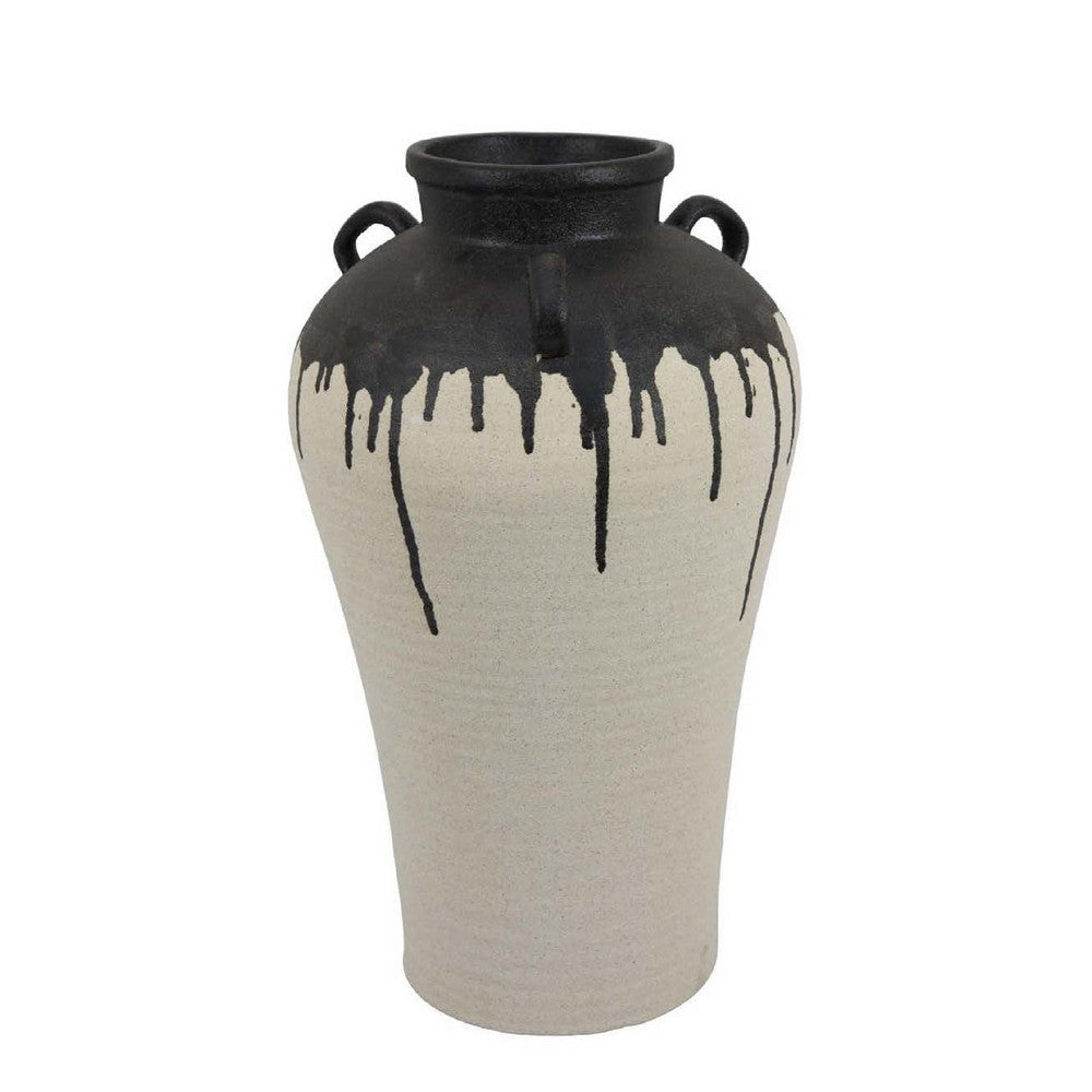 Caleb Accent Vase with Drip Pattern and Handles, Black Gray Ceramic -BM335073