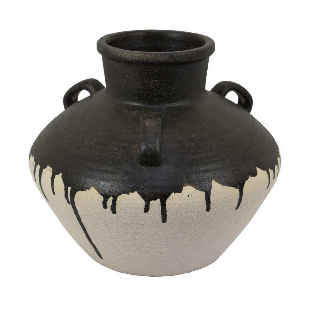 Caleb Accent Vase with Drip Pattern, Angled Handles Black Gray Ceramic -BM335074