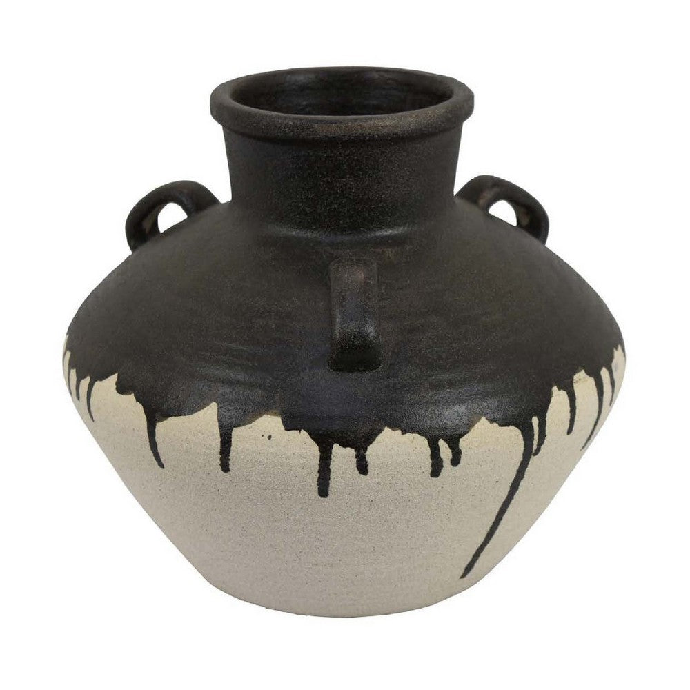 Caleb Accent Vase with Drip Pattern, Angled Handles Black Gray Ceramic -BM335074