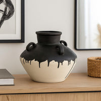 Caleb Accent Vase with Drip Pattern, Angled Handles Black Gray Ceramic -BM335074