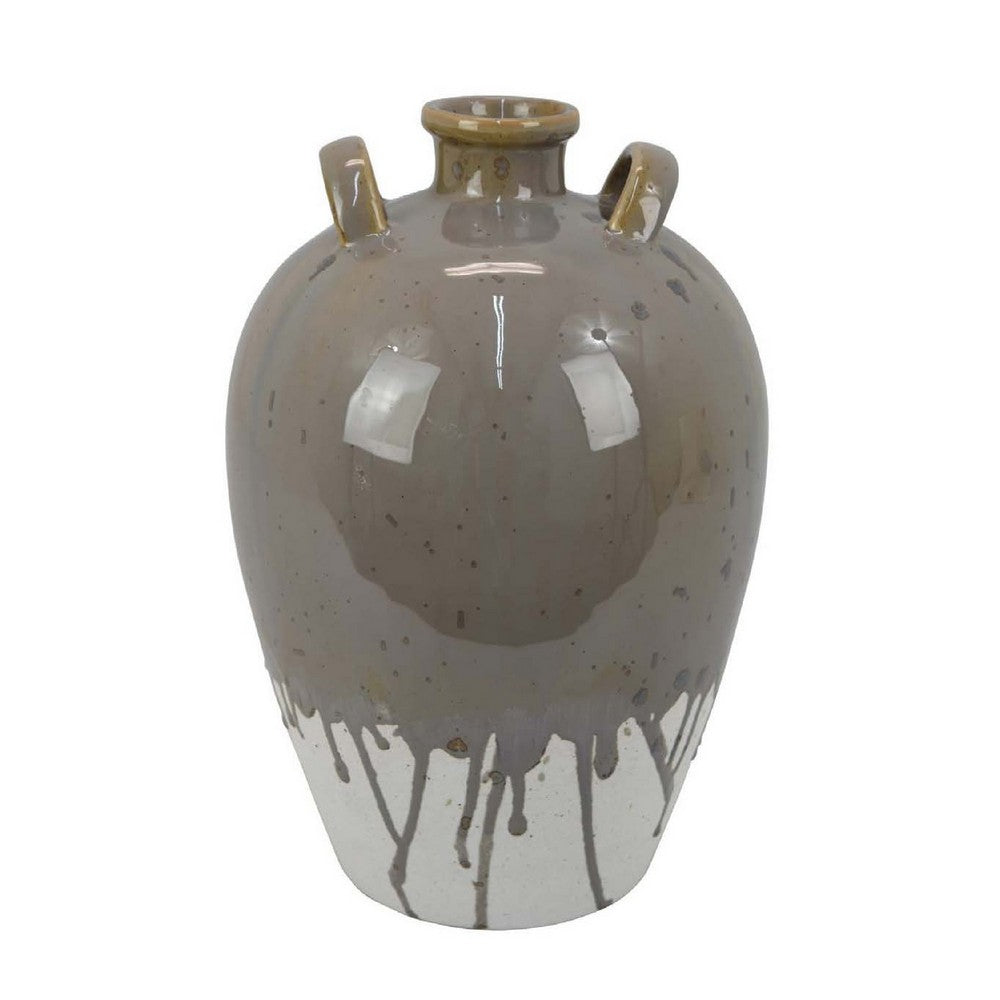 Caleb Accent Vase with Drip Pattern, Angled Handles Beige Gray Ceramic -BM335075