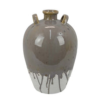 Caleb Accent Vase with Drip Pattern, Angled Handles Beige Gray Ceramic -BM335075