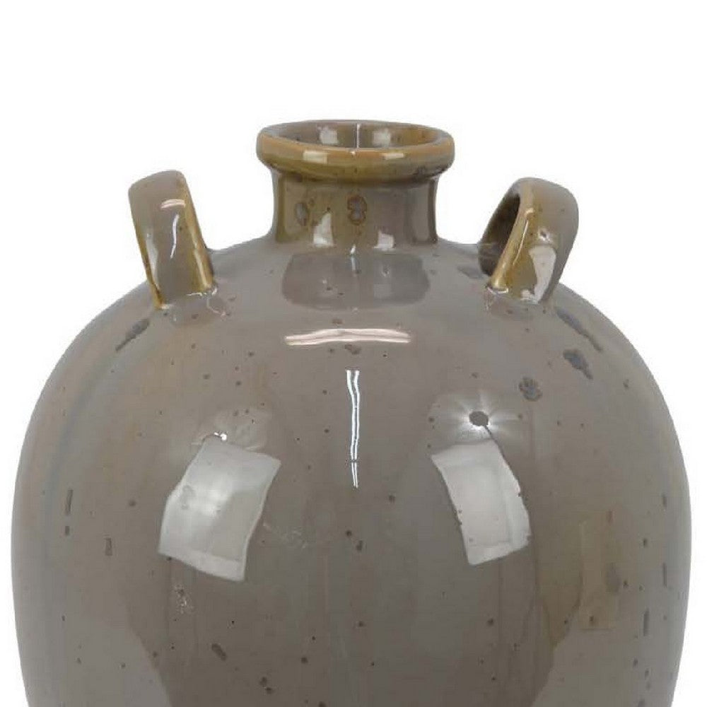 Caleb Accent Vase with Drip Pattern, Angled Handles Beige Gray Ceramic -BM335075