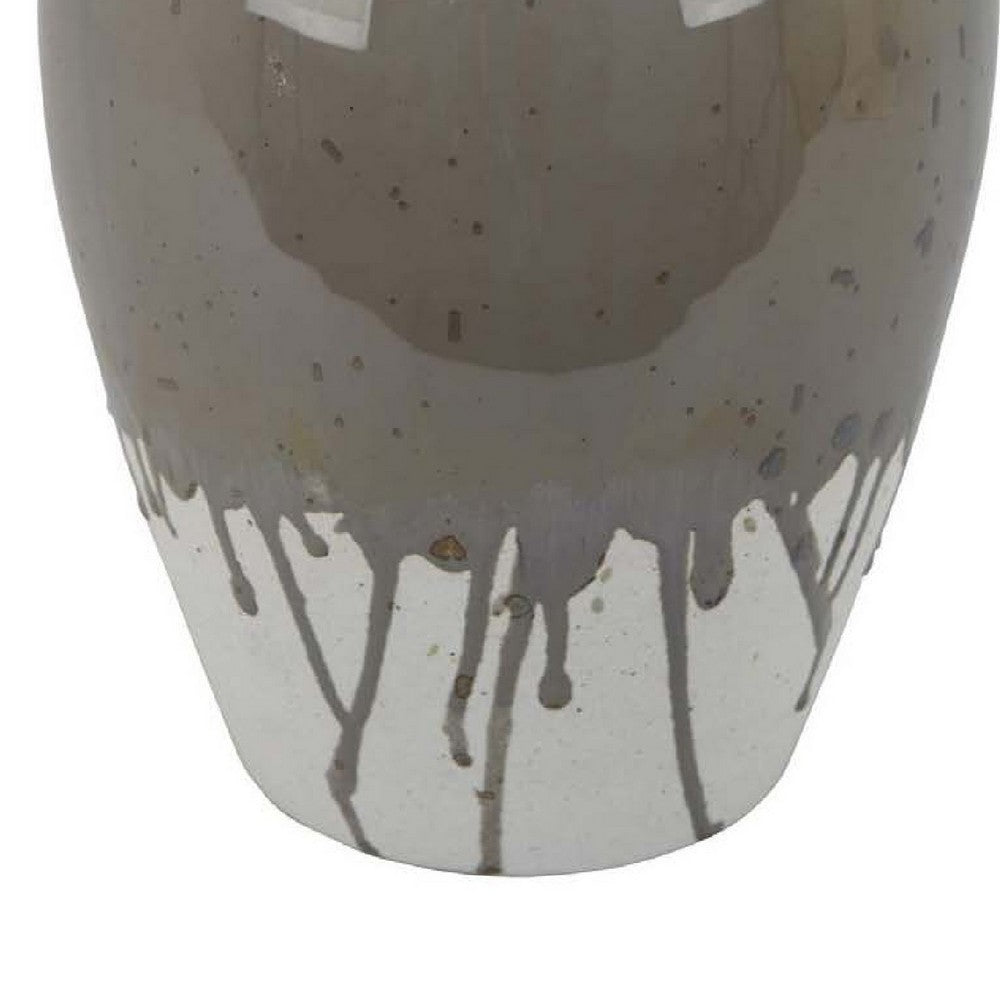 Caleb Accent Vase with Drip Pattern, Angled Handles Beige Gray Ceramic -BM335075