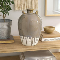 Caleb Accent Vase with Drip Pattern, Angled Handles Beige Gray Ceramic -BM335075