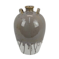 Caleb Accent Vase with Drip Pattern, Angled Handles Beige Gray Ceramic -BM335075