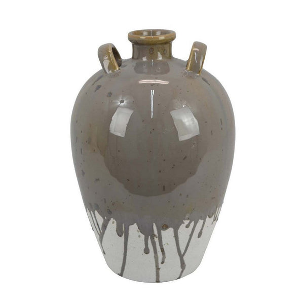 Caleb Accent Vase with Drip Pattern, Angled Handles Beige Gray Ceramic -BM335075