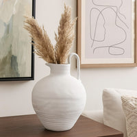 Siela Jug Style Vase with Extended Loop, Ribbed Details, White Ceramic -BM335080
