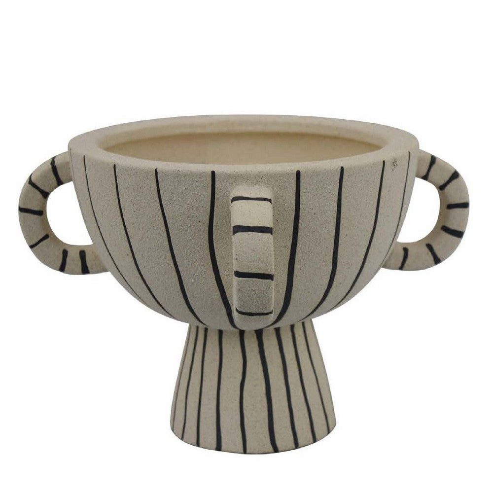 Javier Accent Planter with Loop Handles, Pedestal Black Beige Ceramic -BM335082