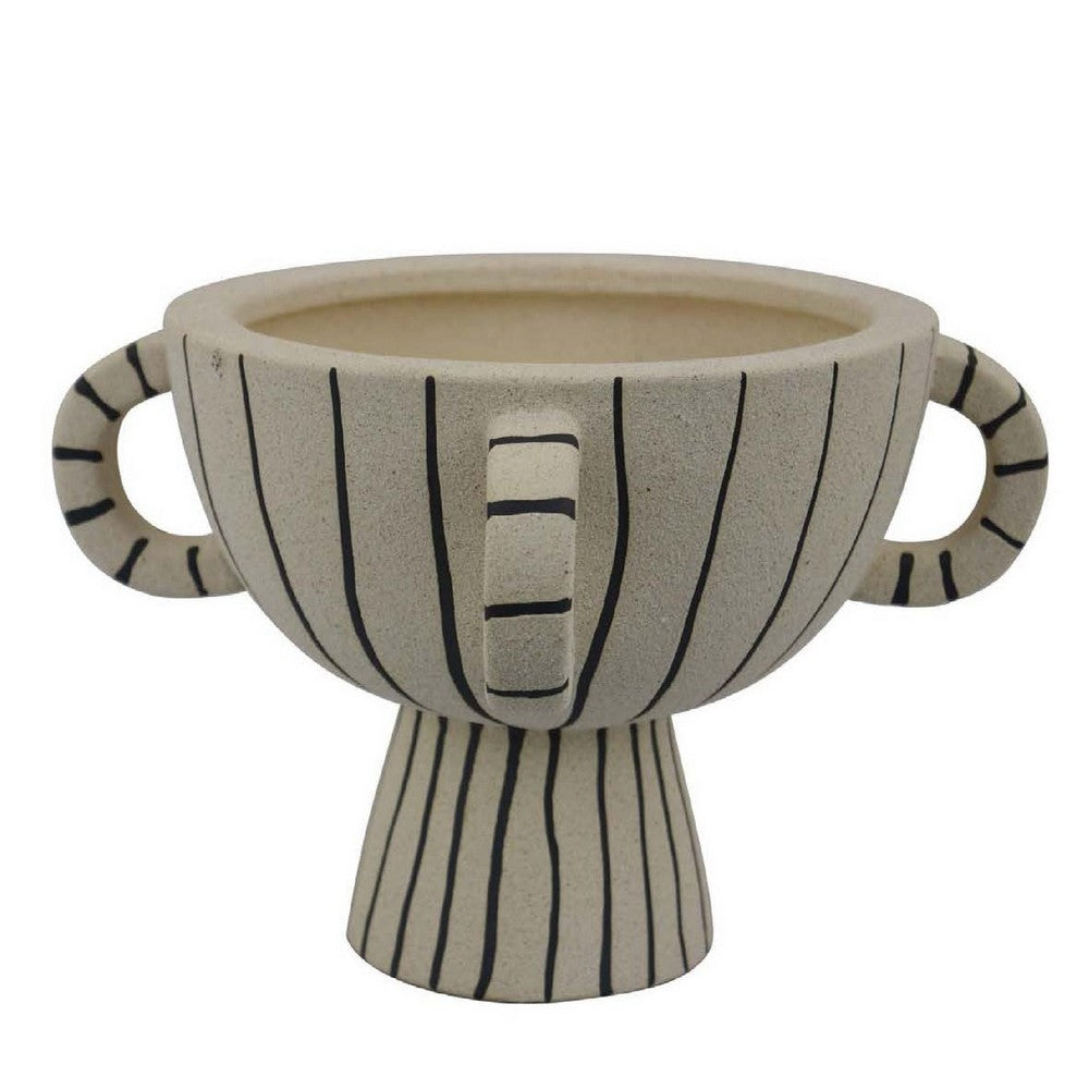 Javier Accent Planter with Loop Handles, Pedestal Black Beige Ceramic -BM335082