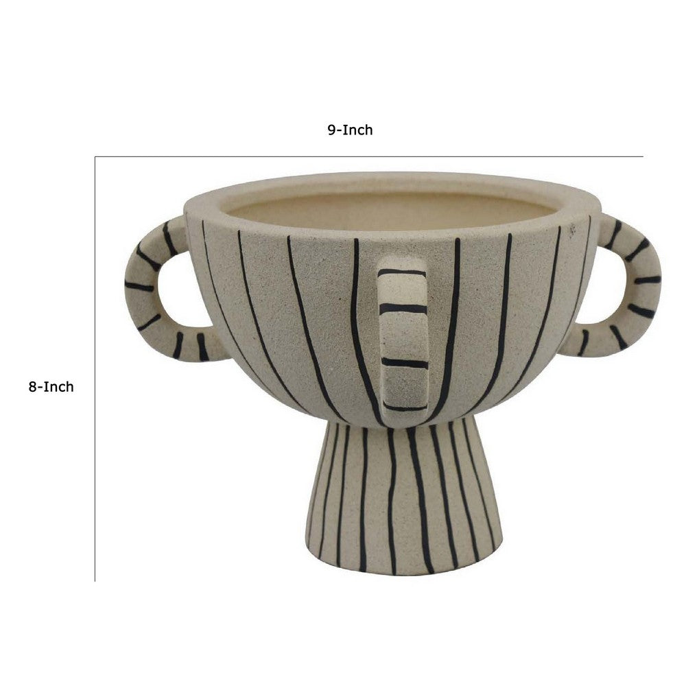 Javier Accent Planter with Loop Handles, Pedestal Black Beige Ceramic -BM335082