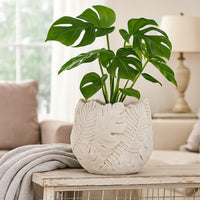 Sicily Accent Planter w Leaf Embossed Surface, Flared Edges Gray Resin -BM335084