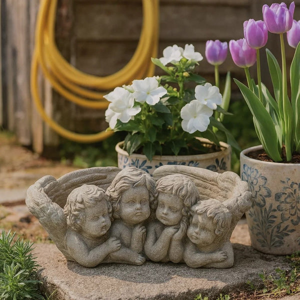 Rachel Accent Planter with 4 Sculpted Cherubs Antique White Terracotta -BM335087