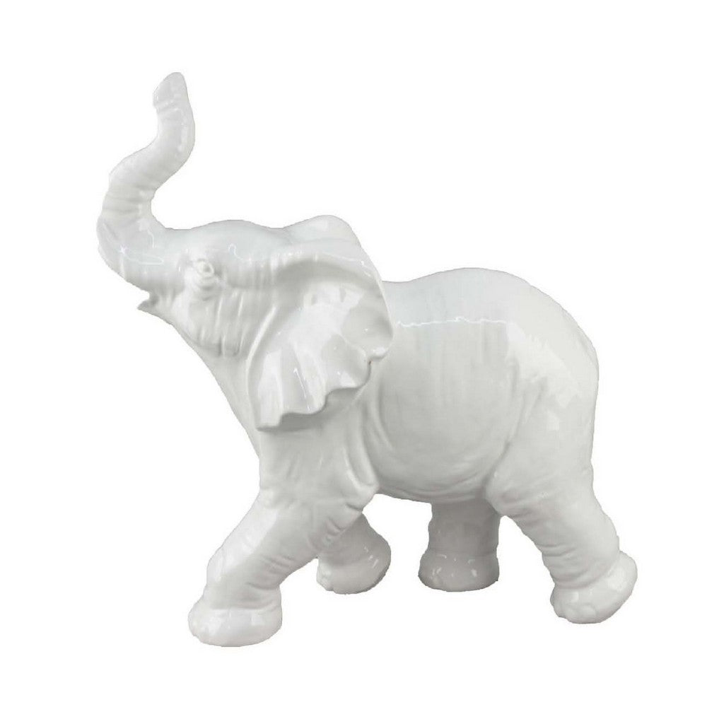 Capriz Tabletop Accent Decor, Elephant Raised Trunk, White Ceramic -BM335090