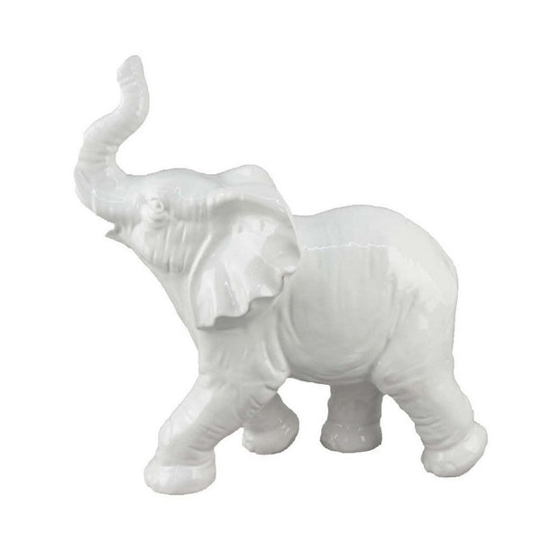 Capriz Tabletop Accent Decor, Elephant Raised Trunk, White Ceramic -BM335090
