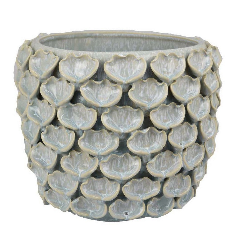Aster Accent Planter w Raised Petal Pattern Blue Green Ceramic 10 Inch -BM335092