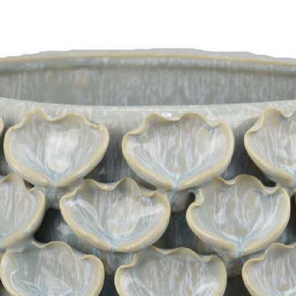 Aster Accent Planter w Raised Petal Pattern Blue Green Ceramic 10 Inch -BM335092