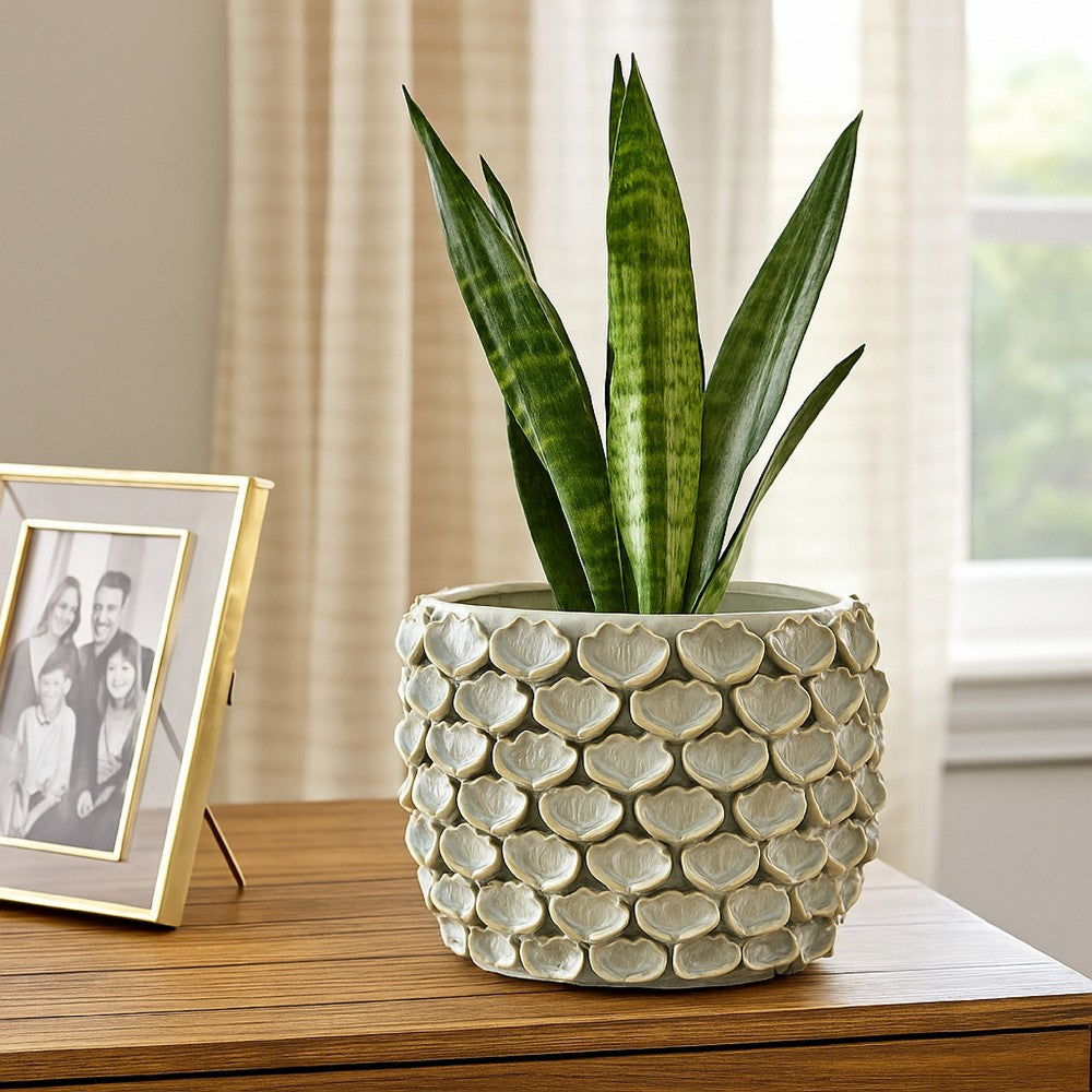 Aster Accent Planter w Raised Petal Pattern Blue Green Ceramic 10 Inch -BM335092