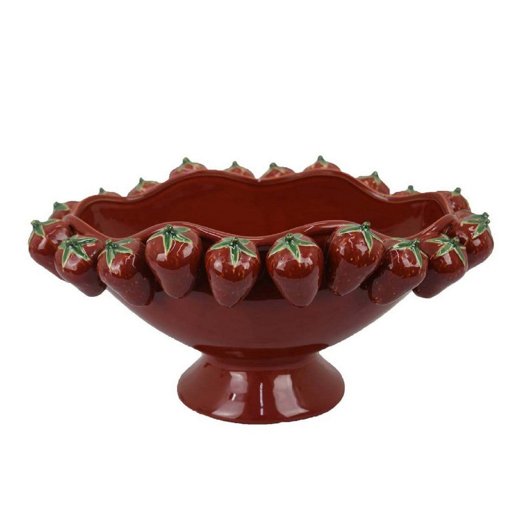 Randy Decorative Bowl, Sculpted Strawberry Rim, Glossy Red Ceramic -BM335093