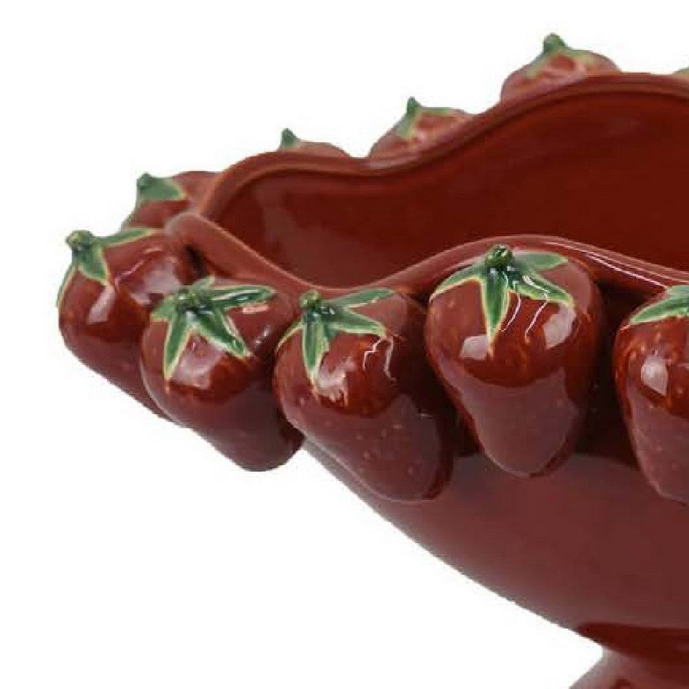 Randy Decorative Bowl, Sculpted Strawberry Rim, Glossy Red Ceramic -BM335093