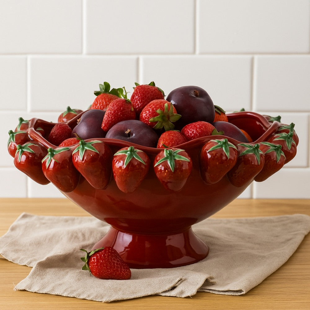 Randy Decorative Bowl, Sculpted Strawberry Rim, Glossy Red Ceramic -BM335093