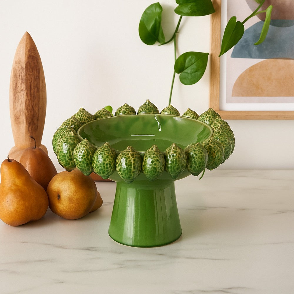Rambo Decorative Bowl, Sculpted Lime Motifs, Glazed Green Ceramic -BM335094