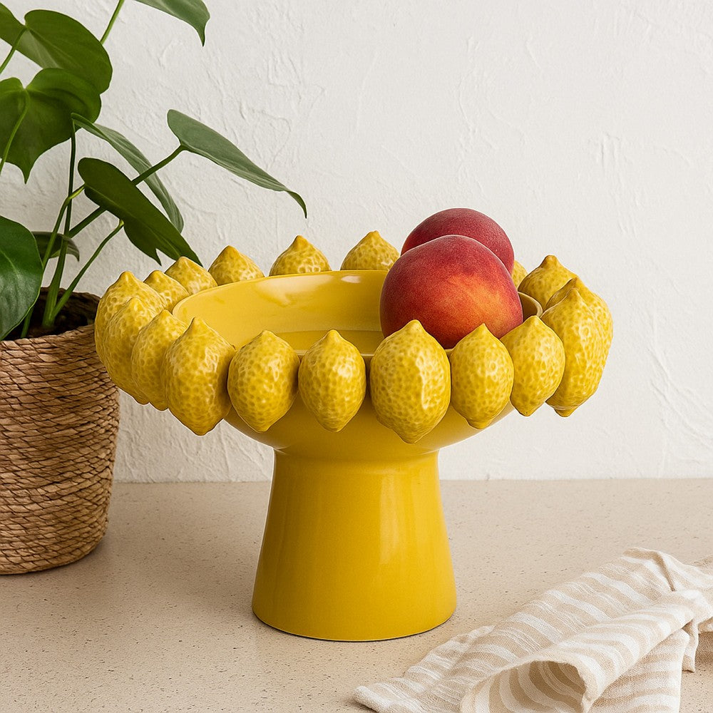 Rambo Decorative Bowl, Sculpted Lemon Motifs, Glazed Yellow Ceramic -BM335096