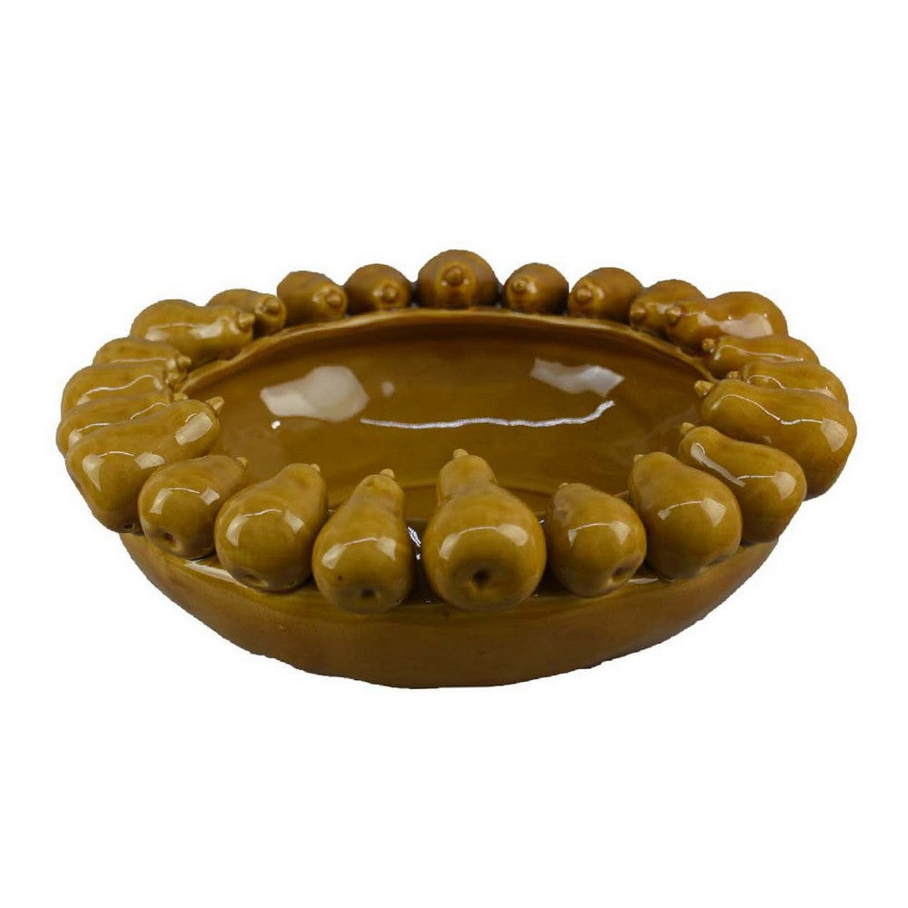 Fenie Decorative Bowl, Sculpted Pear Motifs, Mustard Yellow Ceramic -BM335097