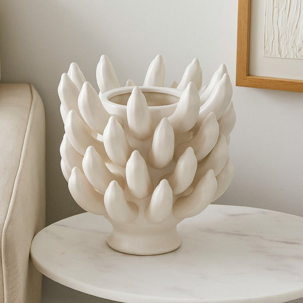 Joseph Accent Vase with Tiered Flame Accents, Ivory Ceramic 11 Inch -BM335099