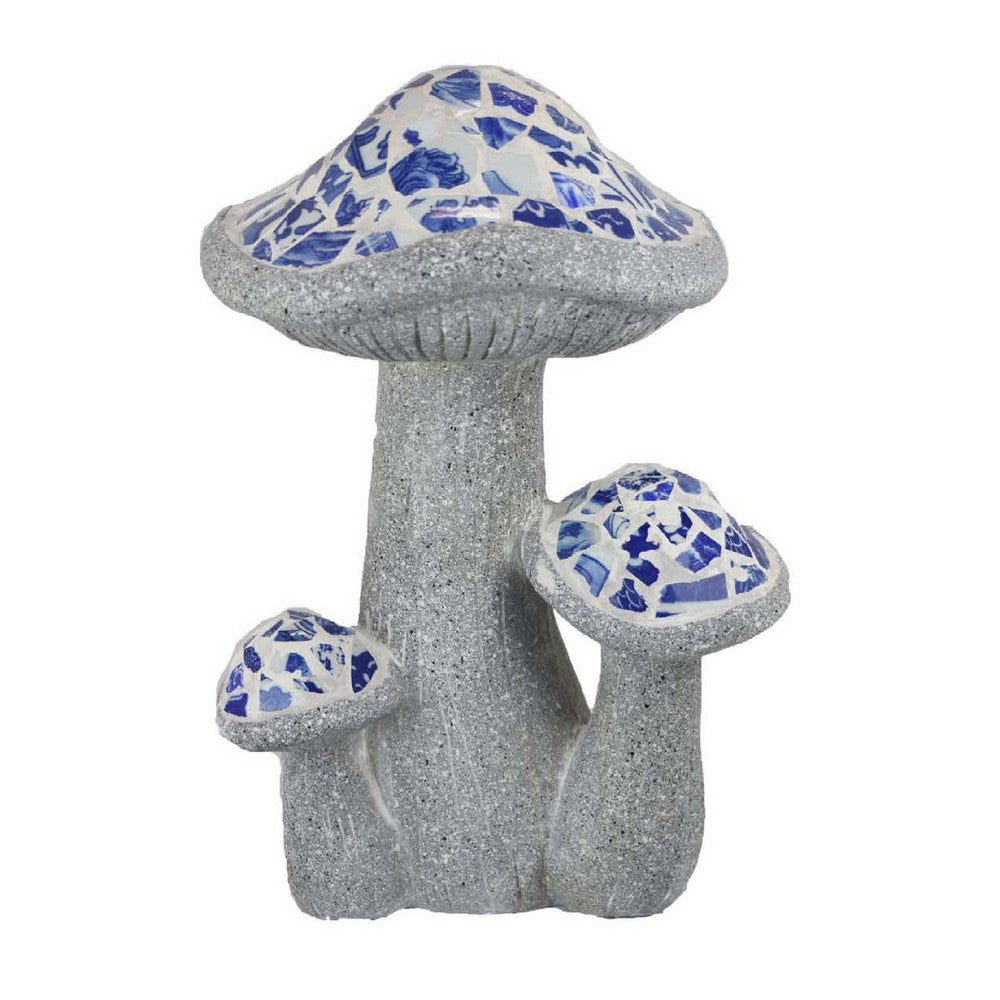 Amyra Outdoor Accent Decor, 3 Mushroom Blue White Mosaic, Gray Resin -BM335103