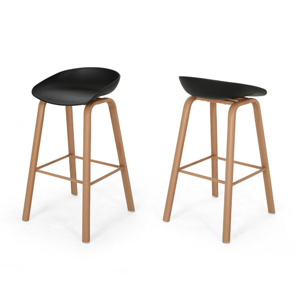 Barstool Chair Set of 2, Black Polypropylene Seat, Natural Brown Metal -BM335111