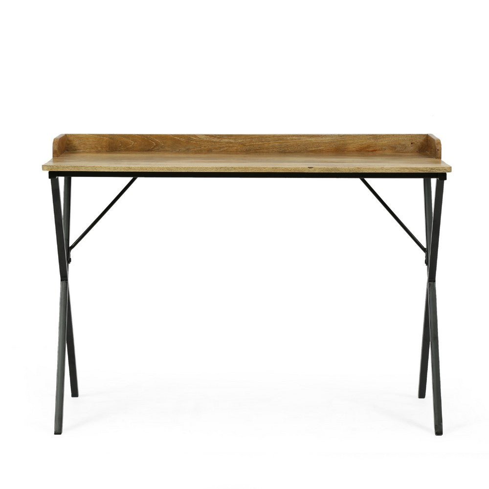 Console Table, Traylike Brown Wood Top, Black X Metal Frame, 42 Inch -BM335112