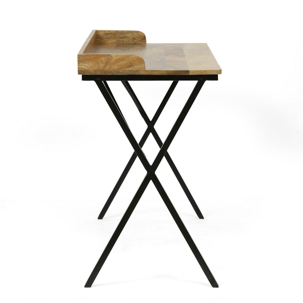 Console Table, Traylike Brown Wood Top, Black X Metal Frame, 42 Inch -BM335112