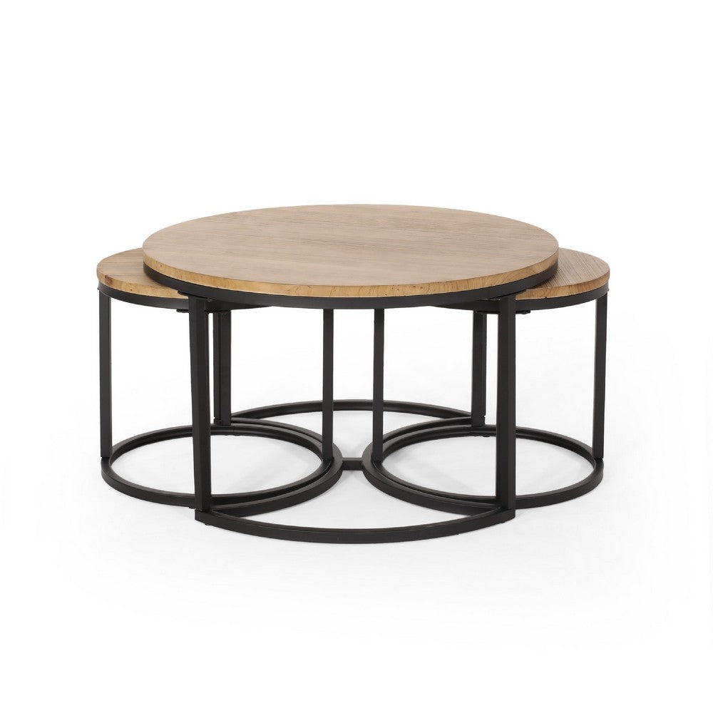 Gery 3pc Nesting Coffee and End Table Set, Brown Wood, Black Metal -BM335114