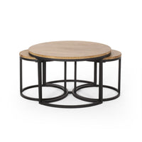 Gery 3pc Nesting Coffee and End Table Set, Brown Wood, Black Metal -BM335114