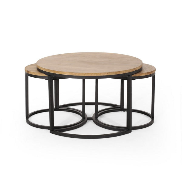 Gery 3pc Nesting Coffee and End Table Set, Brown Wood, Black Metal -BM335114