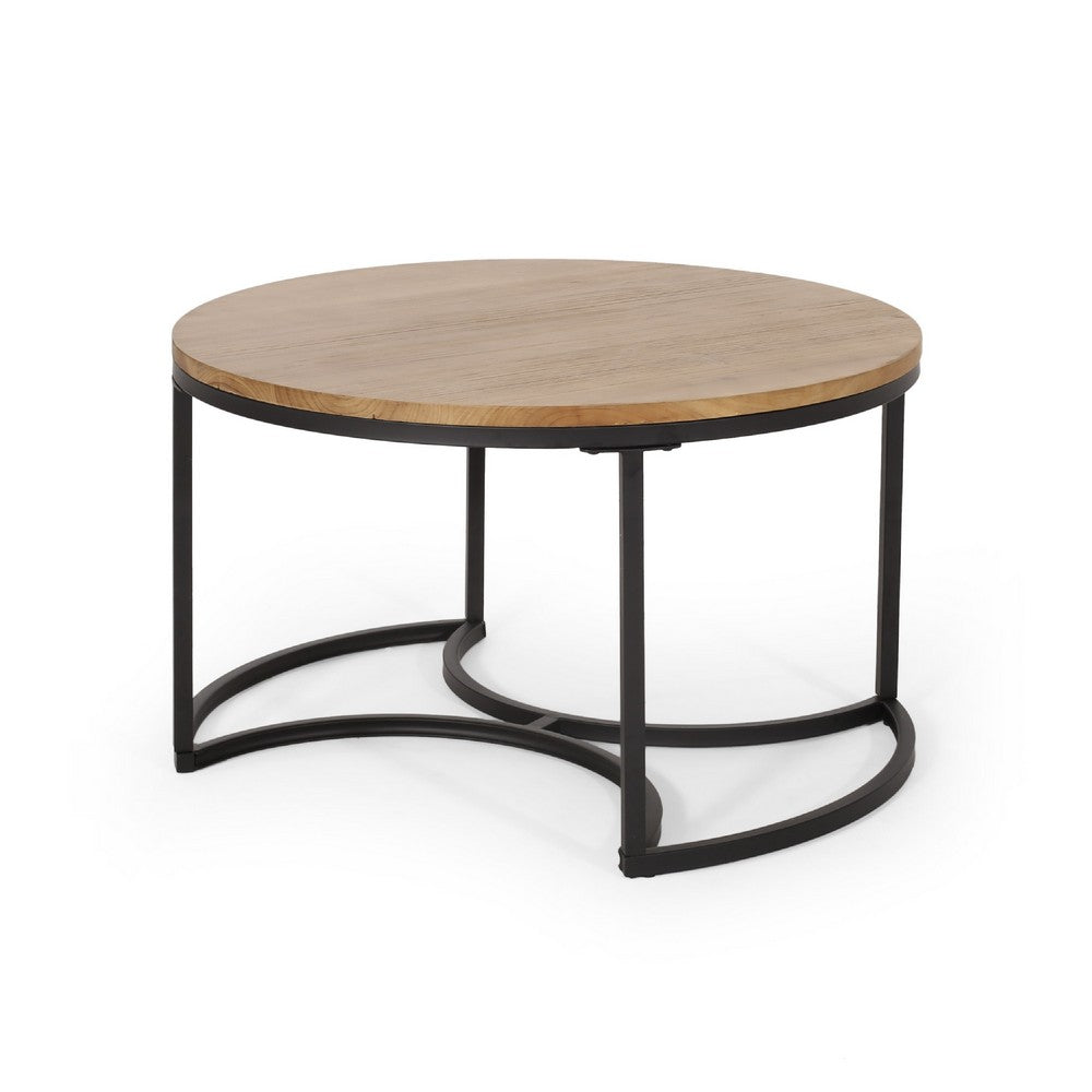 Gery 3pc Nesting Coffee and End Table Set, Brown Wood, Black Metal -BM335114