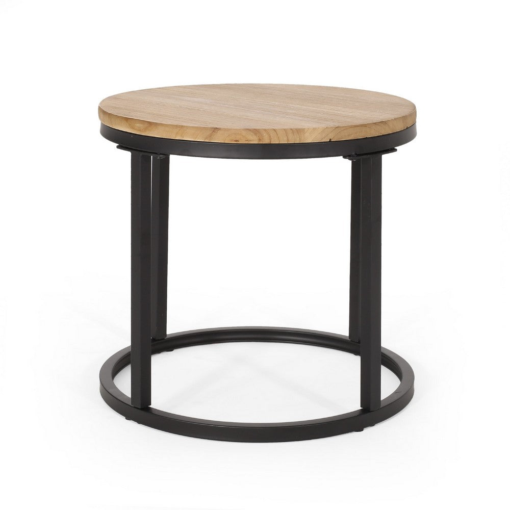Gery 3pc Nesting Coffee and End Table Set, Brown Wood, Black Metal -BM335114