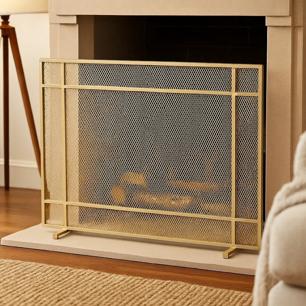 Fireplace Screen, Single Panel Design, Diamond Mesh 32 x 41, Gold Iron -BM335115
