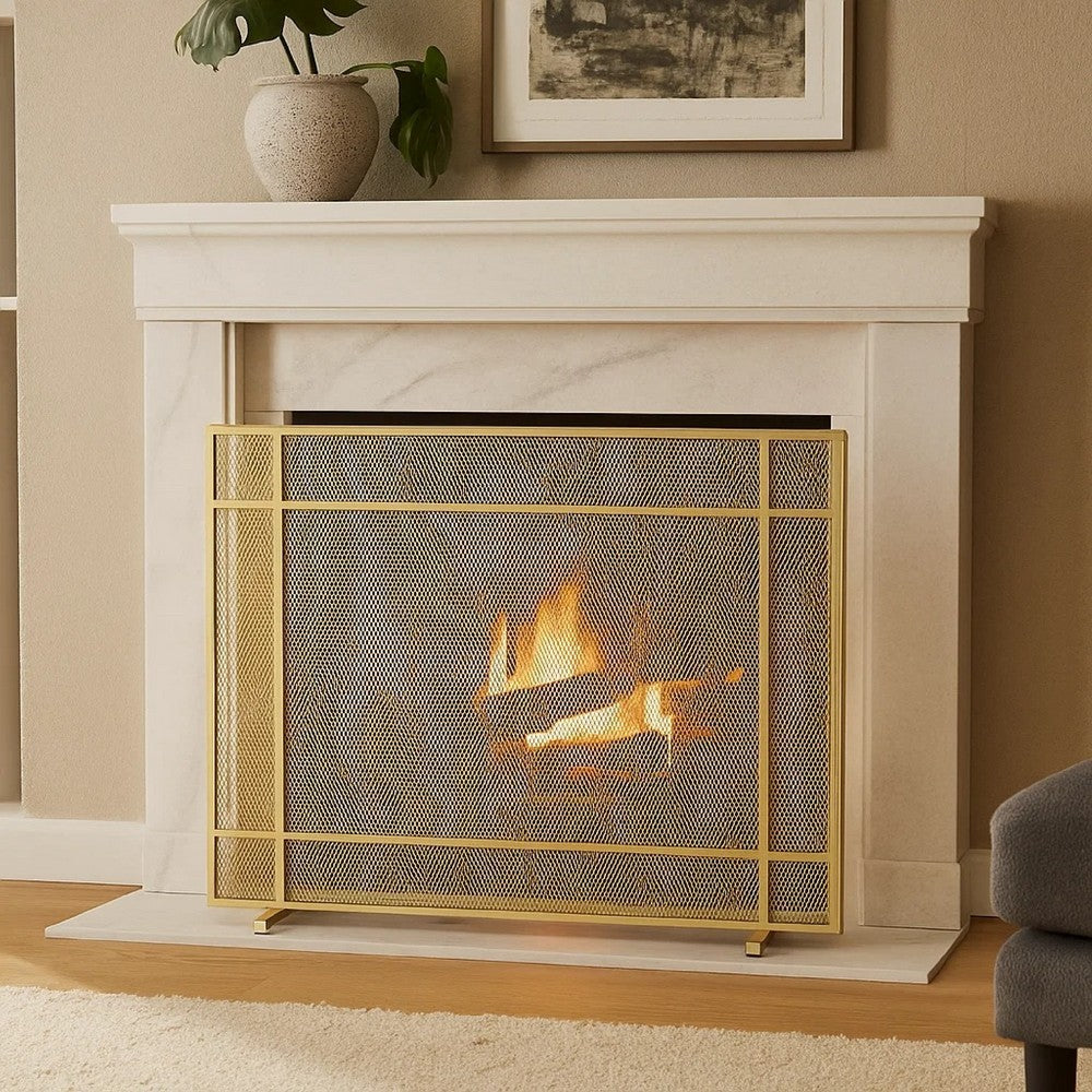 Fireplace Screen, Single Panel Design, Diamond Mesh 32 x 41, Gold Iron -BM335115