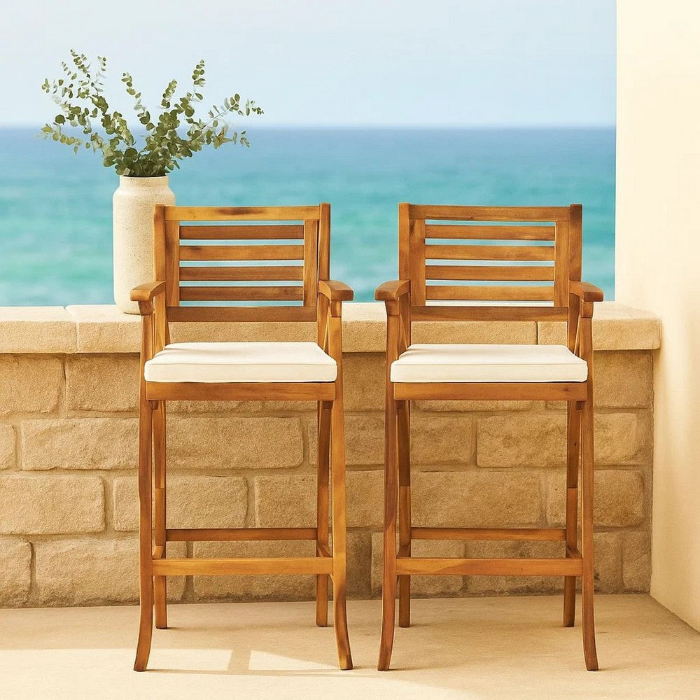 Olen Outdoor Barstool Chair Set of 2, Beige Polyester Brown Solid Wood -BM335116