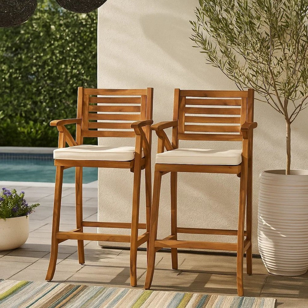 Olen Outdoor Barstool Chair Set of 2, Beige Polyester Brown Solid Wood -BM335116
