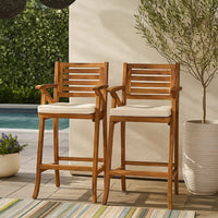 Olen Outdoor Barstool Chair Set of 2, Beige Polyester Brown Solid Wood -BM335116