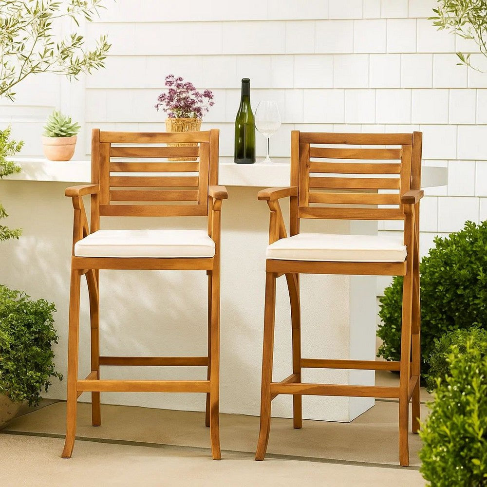 Olen Outdoor Barstool Chair Set of 2, Beige Polyester Brown Solid Wood -BM335116