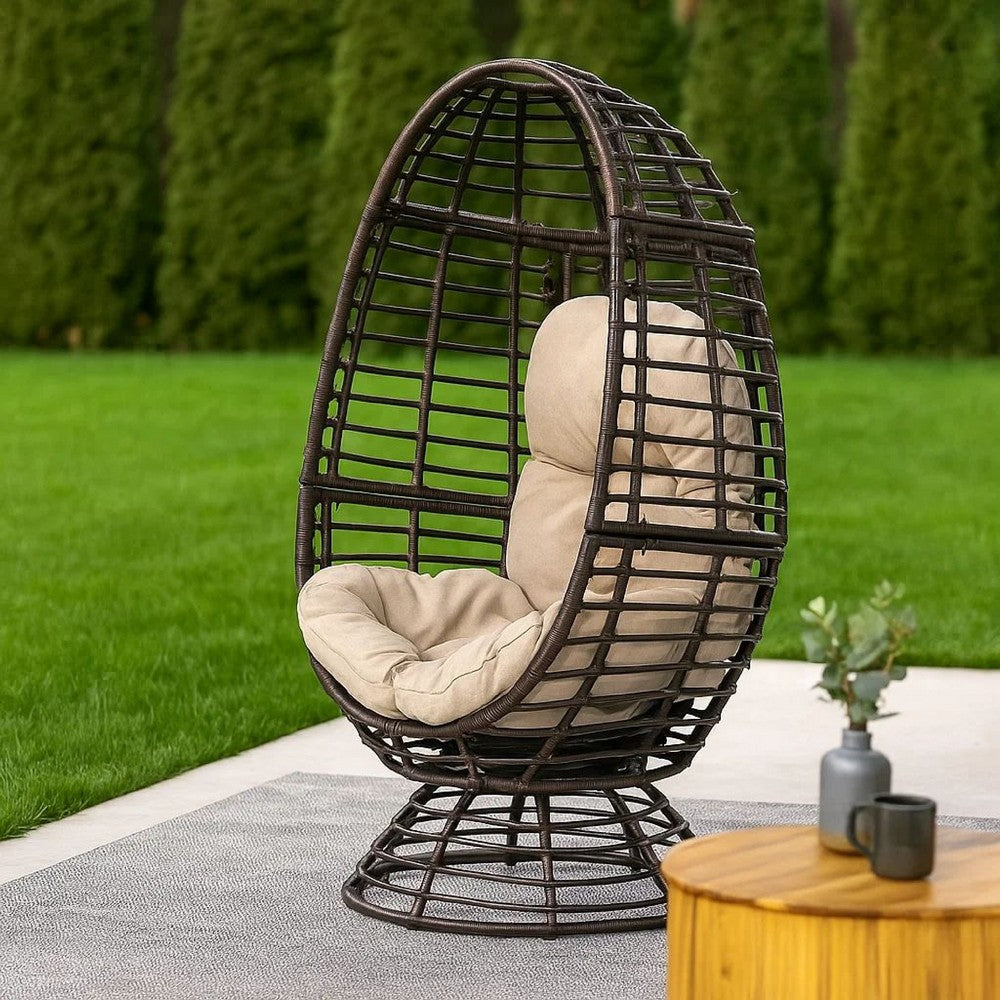 Swivel Outdoor Egg Chair, Brown PE Woven Rattan, Iron, Beige Polyester -BM335118