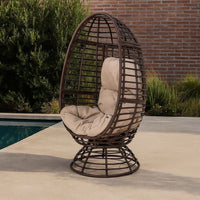 Swivel Outdoor Egg Chair, Brown PE Woven Rattan, Iron, Beige Polyester -BM335118