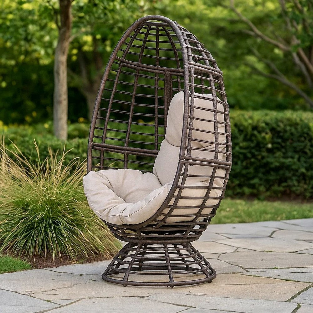 Swivel Outdoor Egg Chair, Brown PE Woven Rattan, Iron, Beige Polyester -BM335118